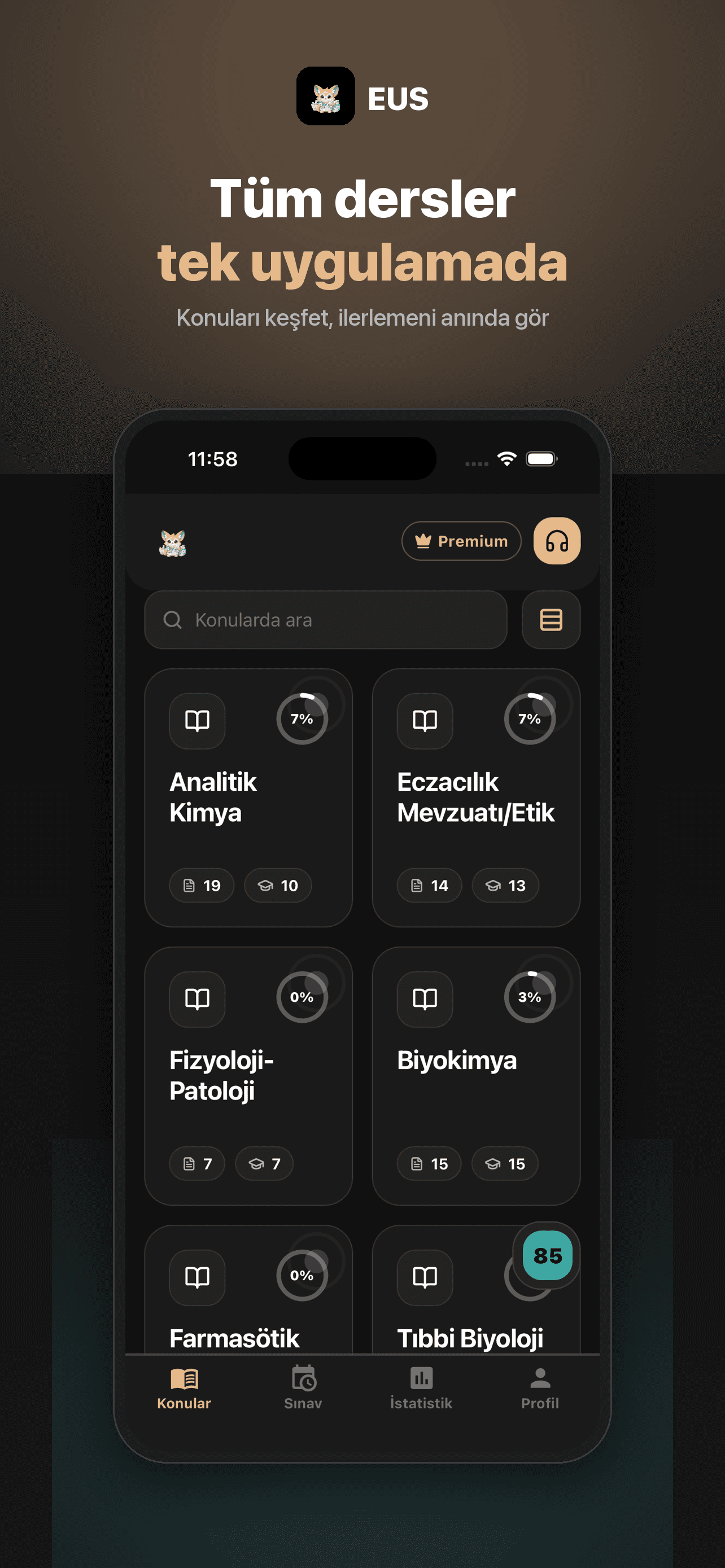 EUS Eğitim ders modülleri ve ilerleme ekranı